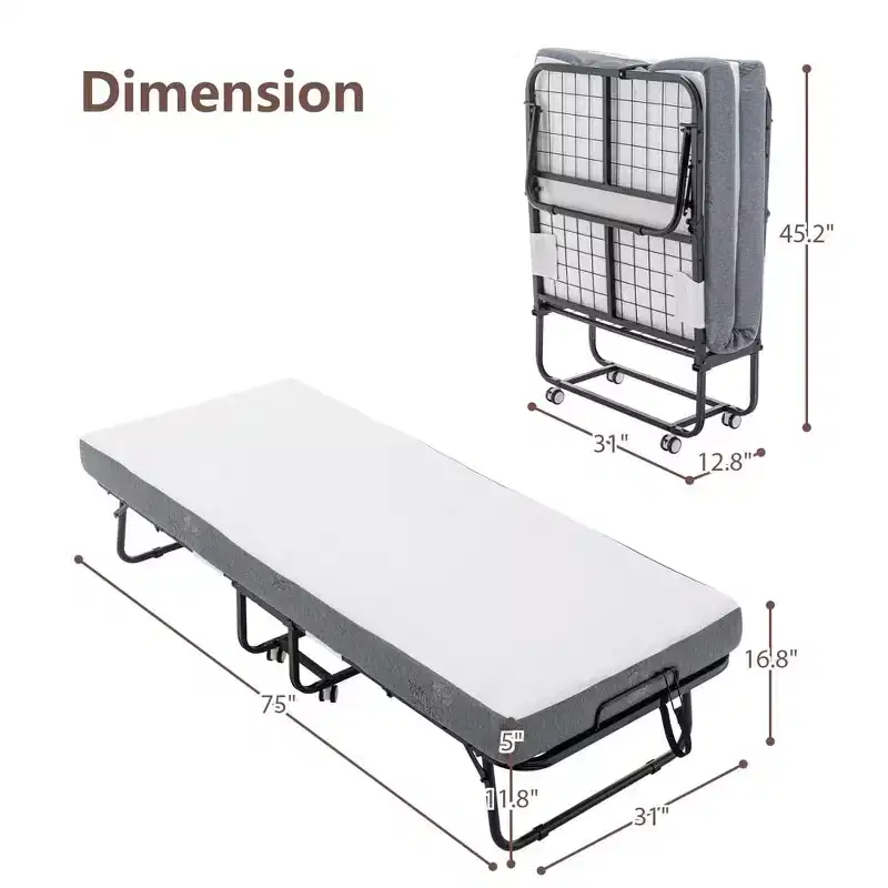 Folding Bed with 5 Mattress, Portable Rollaway Guest Beds On Wheels, Space-Saving Fold Up Bed with Metal Frame For Small Apartment Dorm