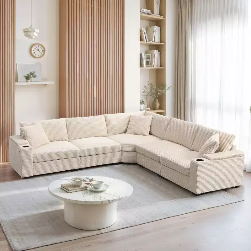Whisen Oversized Convertible L-shaped Sectional Sofa, Corduroy Corner Couch with Armrest Storage, Cup Holders, USB Charger