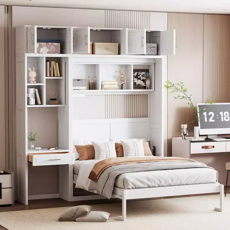 Twin Size Wall Murphy Bed with Top Cabinet, Shelves, Space Saving Foldable Bed with Light & USB