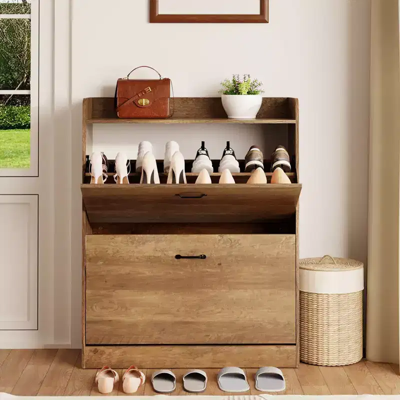 Farmhouse Wood Shoe Cabinet with 2 Flip Doors & Removable Shelves for Entryway