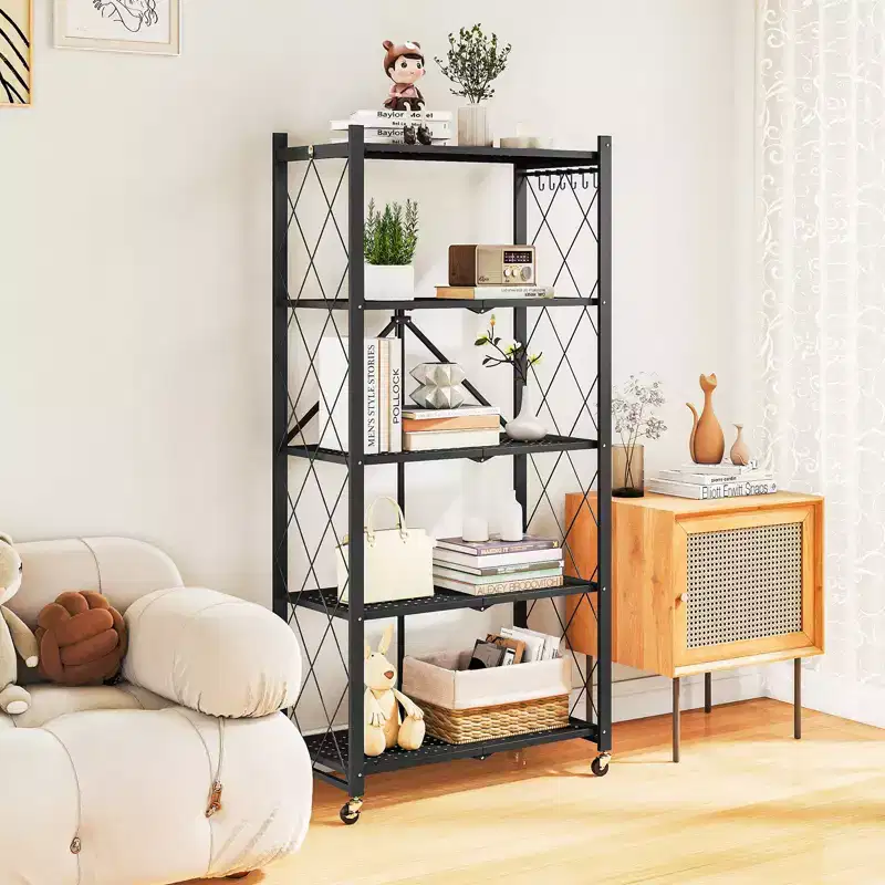 5-Tier Foldable Metal Storage Shelf with Lockable Wheels Heavy Duty Wire Organizer Rack Black