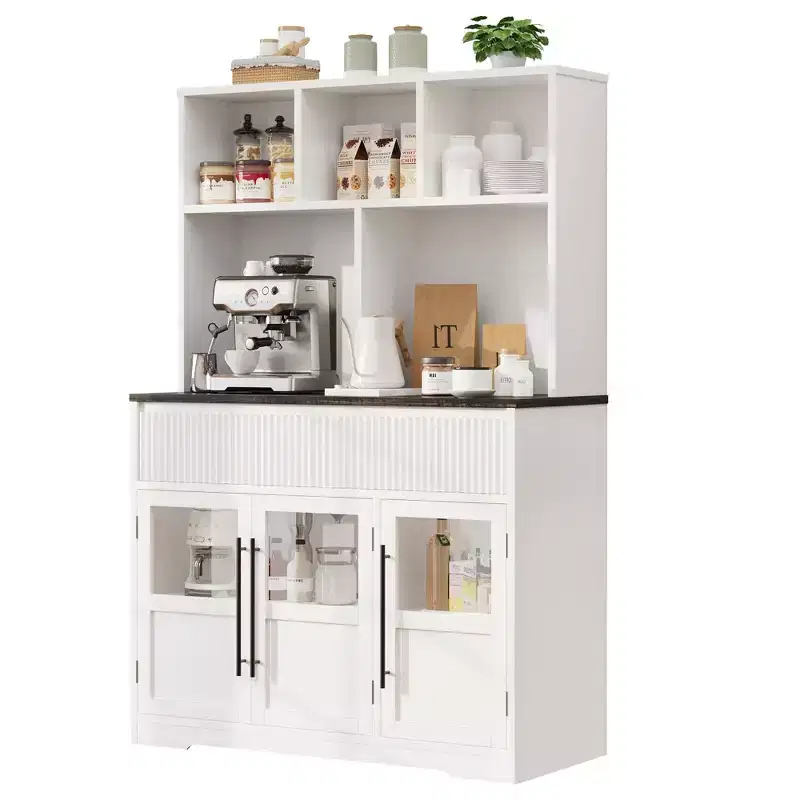 COZONY 60 Kitchen Pantry Cabinet with Glass Doors & Drawers, Farmhouse Coffee Bar Storage Cabinet with Countertop for Dining Room