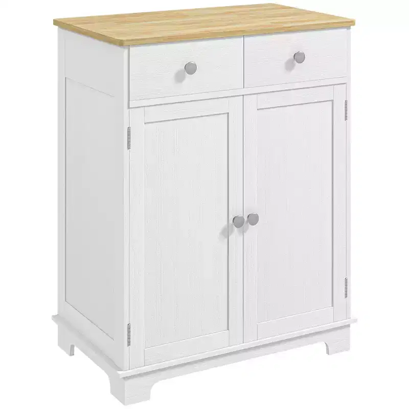 Okak Storage Cabinet with Wood Countertop, Sideboard Cabinet with 2 Doors and 2 Drawers, Bar Cabinet for Living Room, Kitchen, Dining Room, White