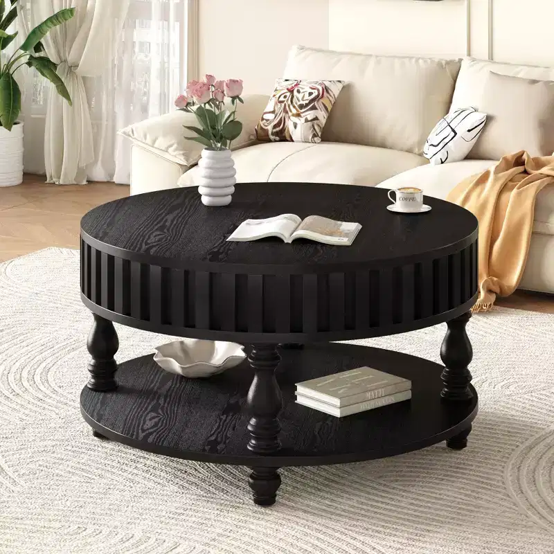Vintage Round 2-Tier Coffee Table with Dual Storage and Solid Wood Veneer for Living Room and Bedroom