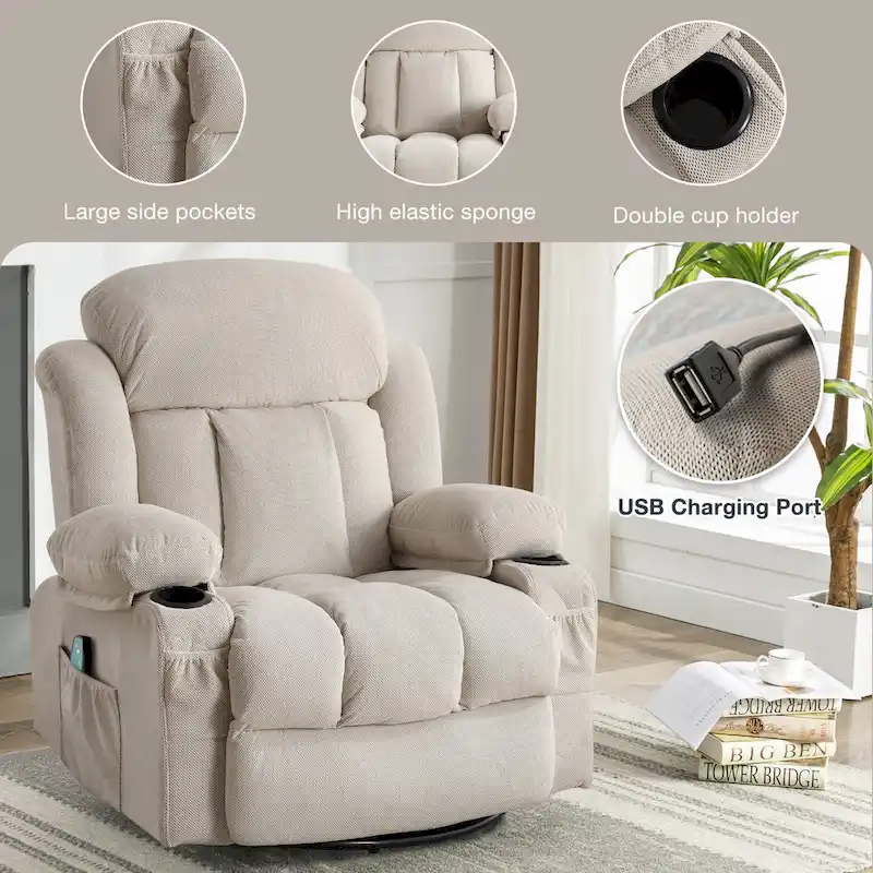 Dotted Velvet Massage Heated Manual Recliner Chair w/360 Swivel Base