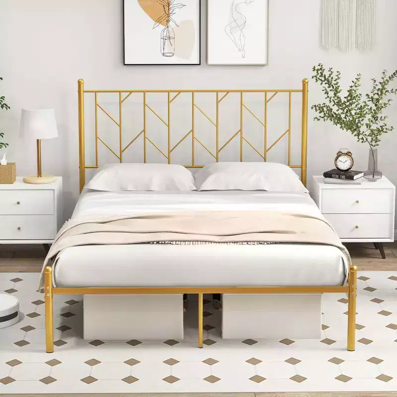 Full/Queen/Twin Size Metal Platform Bed Frame Vintage Headboard Mattress Foundation Gold