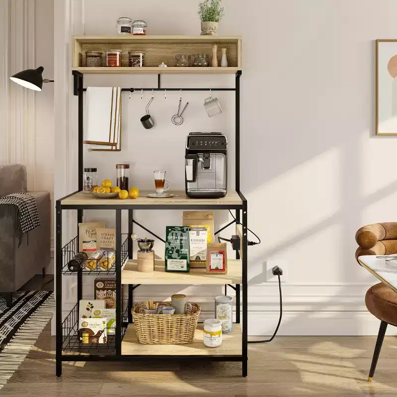 Bestier 65 Bakers Rack with Power Outlets, 5-Tier Kitchen Storage Shelves, Microwave Stand with 2 Wire Basket & 10 Hooks