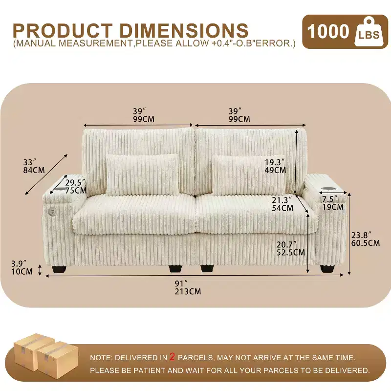 91 Modern Loveseat Sofa with Storage Armrests for Living Room, Corduroy 2 Seater Sofa with Side Pockets/USB Charging & Cup Holders Deep Seat