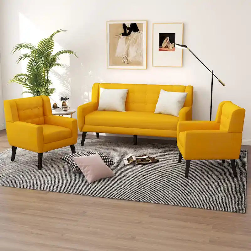 Tufted Linen/Cotton Loveseat with 2 Accent Chairs