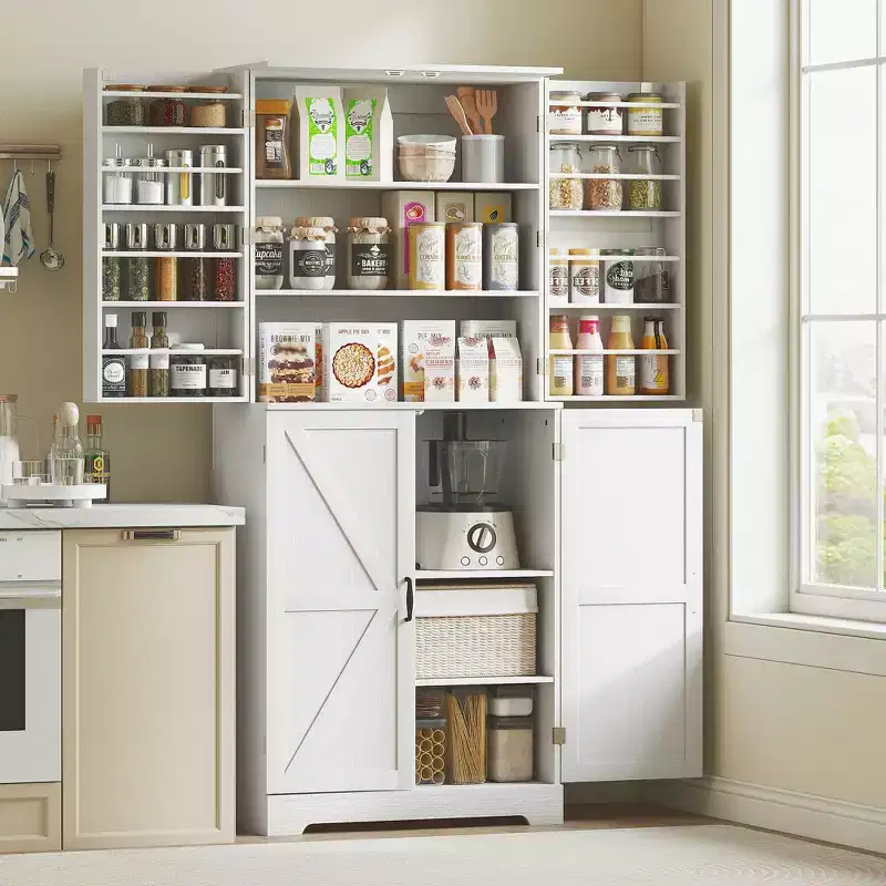 Farmhouse Kitchen Pantry, 72 Tall Pantry Cabinet with 4 Barn Doors, 4 Adjustable Shelves and 8 Door Shelves Wash