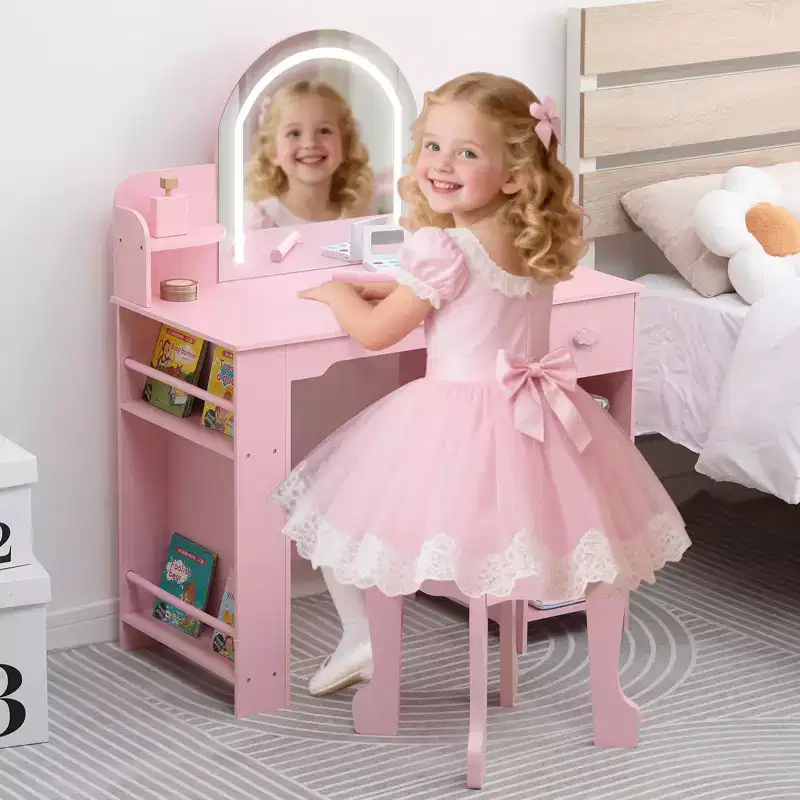 Kids Makeup Vanity with Lighted Mirror & Stool, Little Girls Vanity with Bookshelf, Storage Drawer