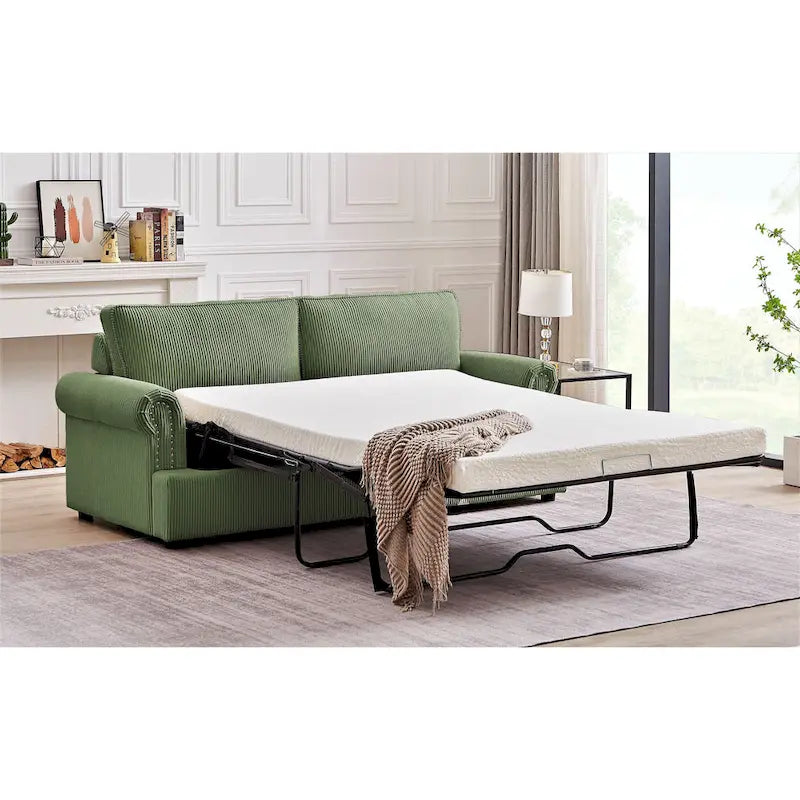 76-Inch Corduroy Sofa Bed with Round Arms and Pull-Out Queen Mattress