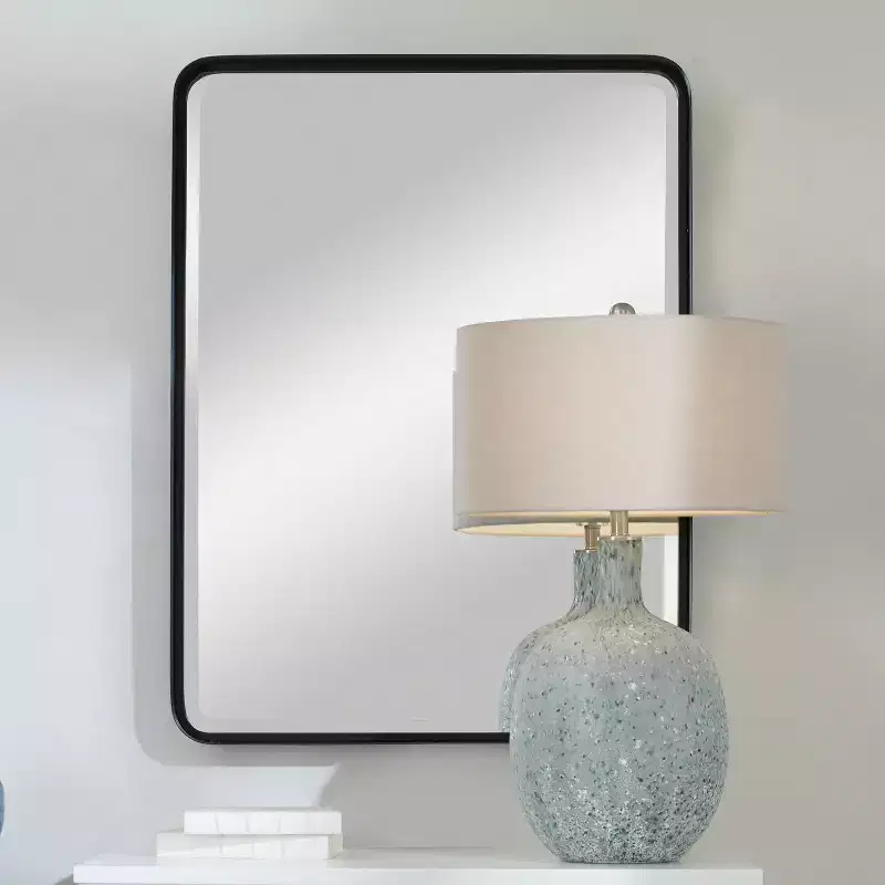 Uttermost Rectangular Vanity Decorative Wall Mirror Modern Beveled Satin Black Iron Frame 30 Wide Bathroom Bedroom Living Room