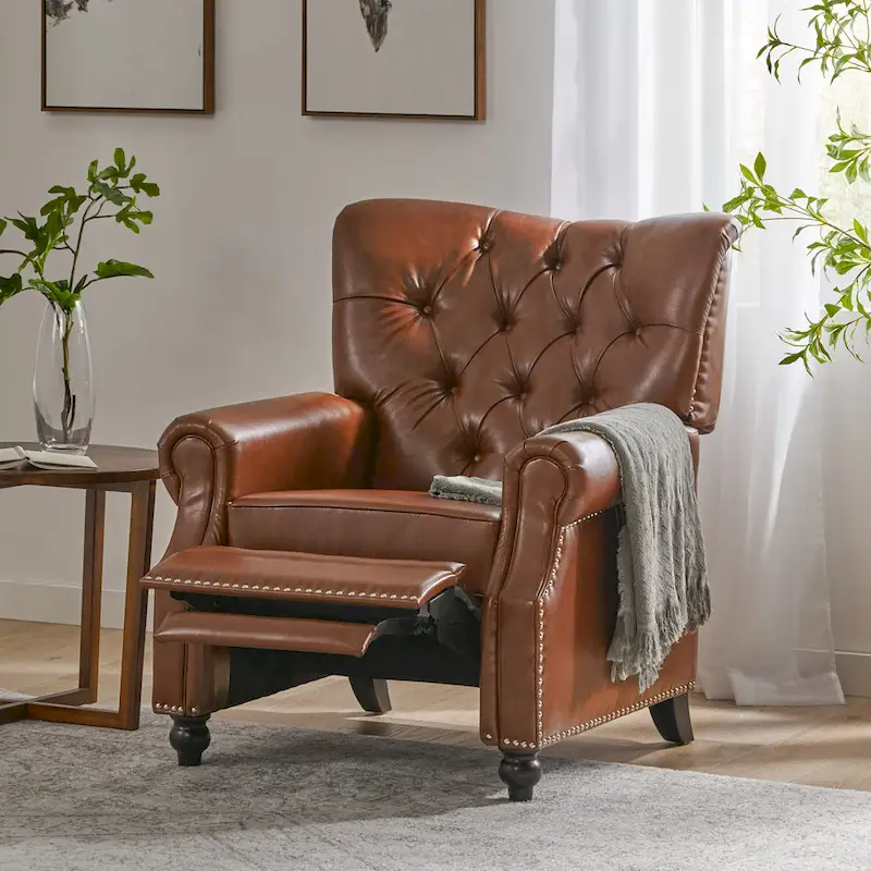 Push Back Recliner, Footrest, Button Back, Nailhead Trim