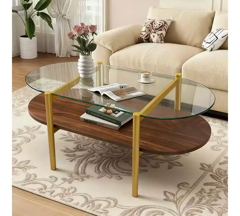 MAYEERTY Oval Shaped Glass Coffee Table with Double Layer Transparent Glass Coffee Brown MDF for Living Room