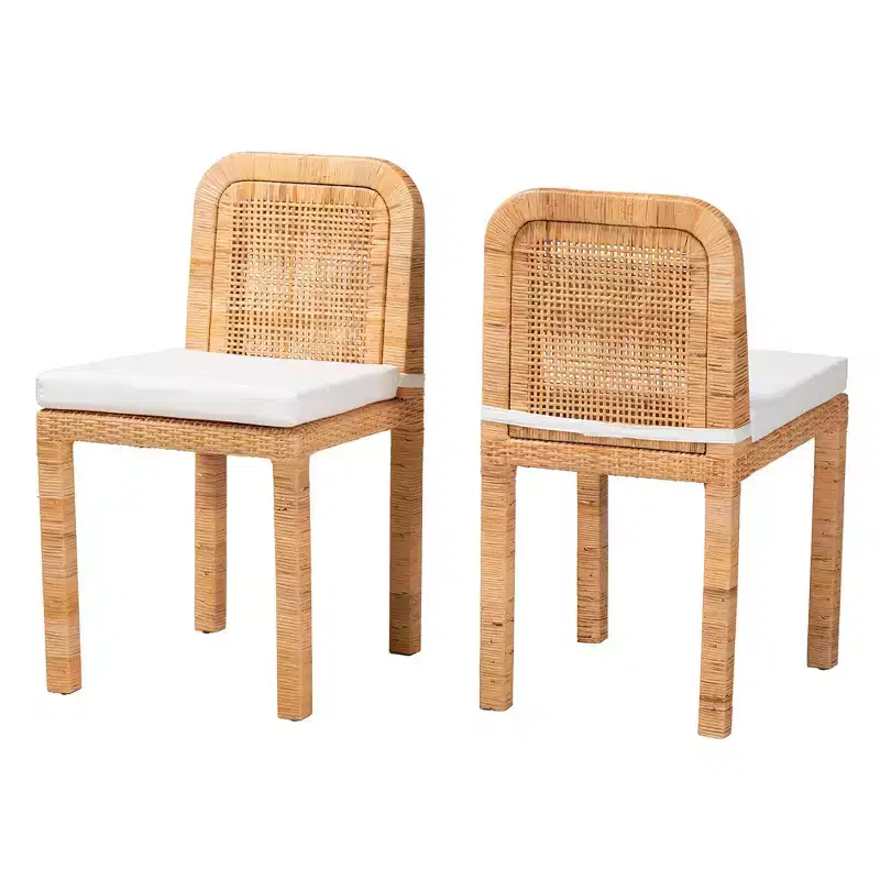2pc ZariahRattan and Mahogany Wood Dining Chairs White/Natural Brown - Baxton Studio: Handcrafted, Cushioned, No Assembly Required