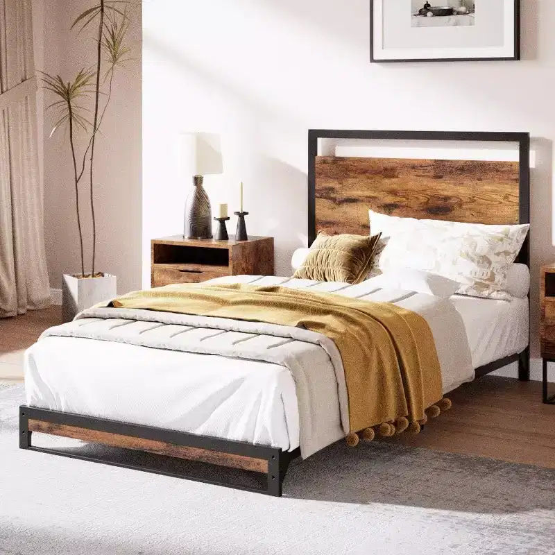 Industrial Twin Size Bed 75.23938.1, 600 lb Metal Frame, Rustic MDF Headboard & Footboard, Mute EVA Strips, Tool-Free Assembly, 10-14 Mattress