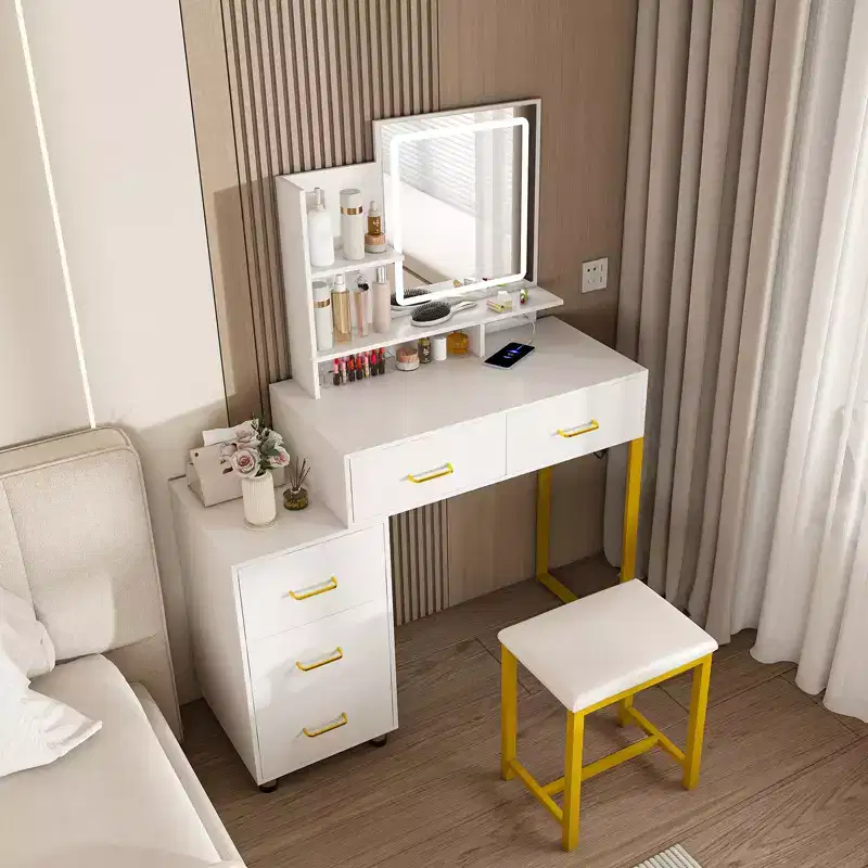 JVNOXK Vanity Table with LED Lights, 3 Color Modes and USB Port, 5 Drawers, Sturdy Metal Legs and Metal Chair, for Bedroom & Dressing Room, White