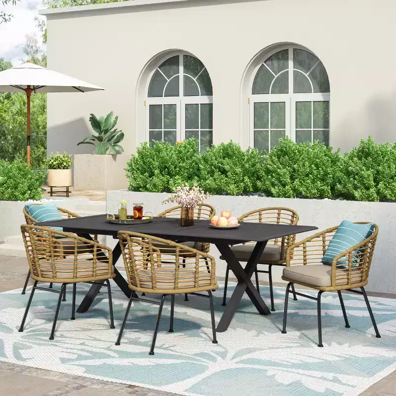 Christopher Knight Home Rogge Outdoor Wicker and Aluminum 7 Piece Expandable Dining Set with Cushion, Light Brown/Matte Black