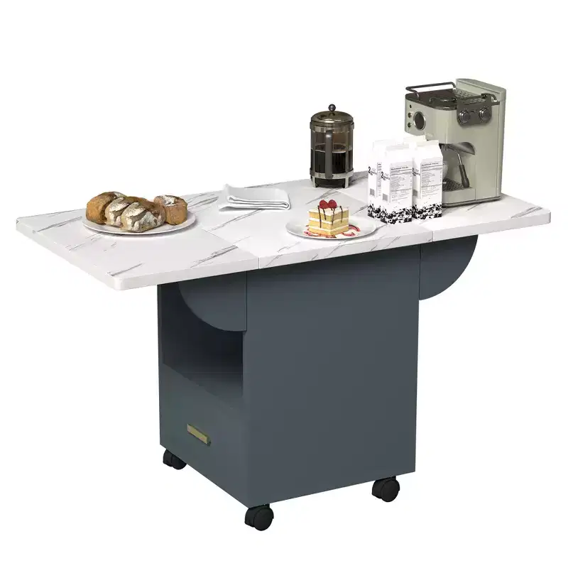 MAYEERTY Folding Kitchen Island Table, Marble Texture Dining Table with Wheels, Storage Drawer & Rack, Space-Saving Multi-Purpose Table