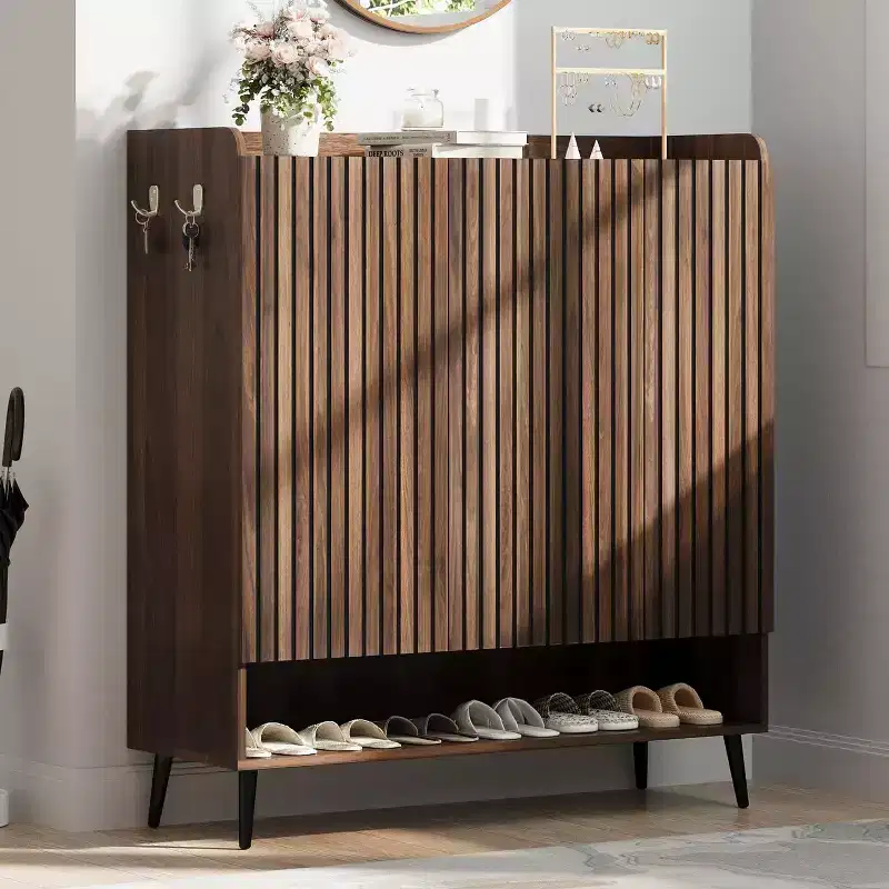 Large Shoe Cabinet with 3 Doors, 6-Tier Adjustable Shelves, Freestanding Entryway Shoe Organizer with Hooks, Brown