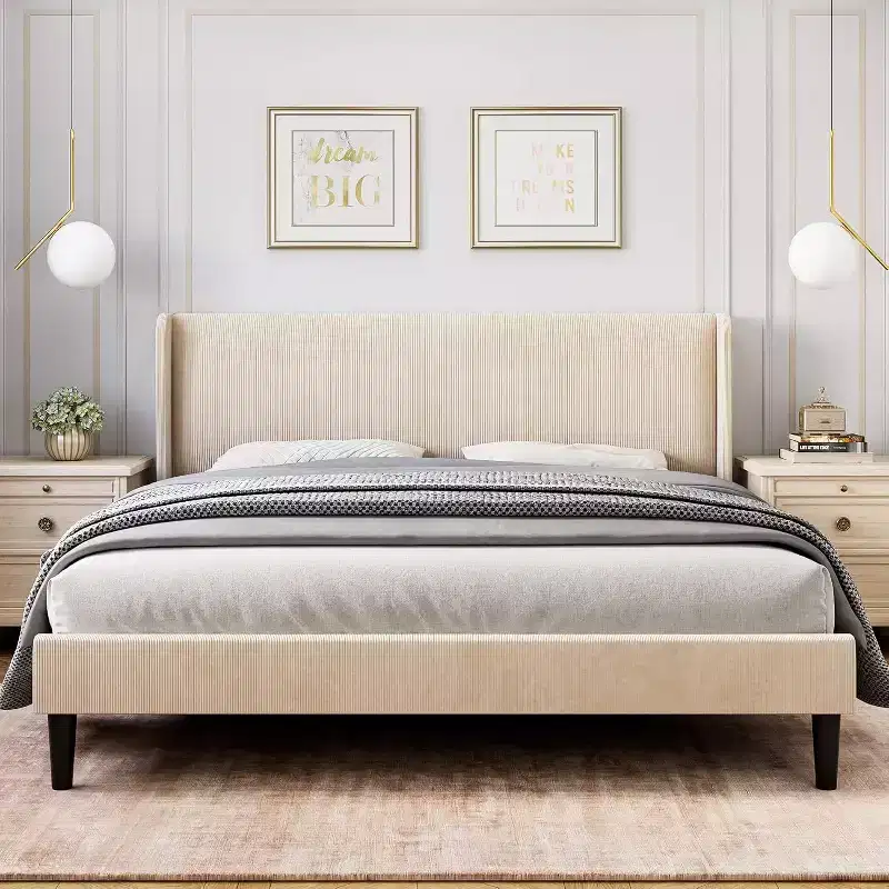 Full Bed Frame with Headboard and Wingback, Vertical Stripe Velvet Upholstery, 2 Storage Pockets, Wood Slat Support, Beige