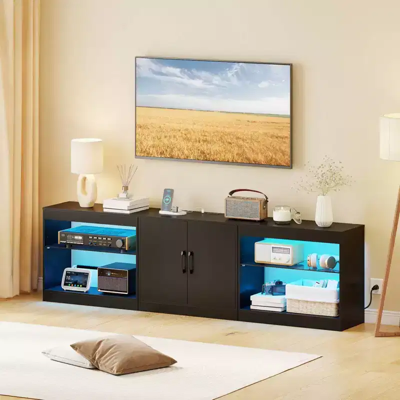 TV Stand with Power Outlets Adjustable LED Lights Storage Cabinet for TVs up to 85 Black/White
