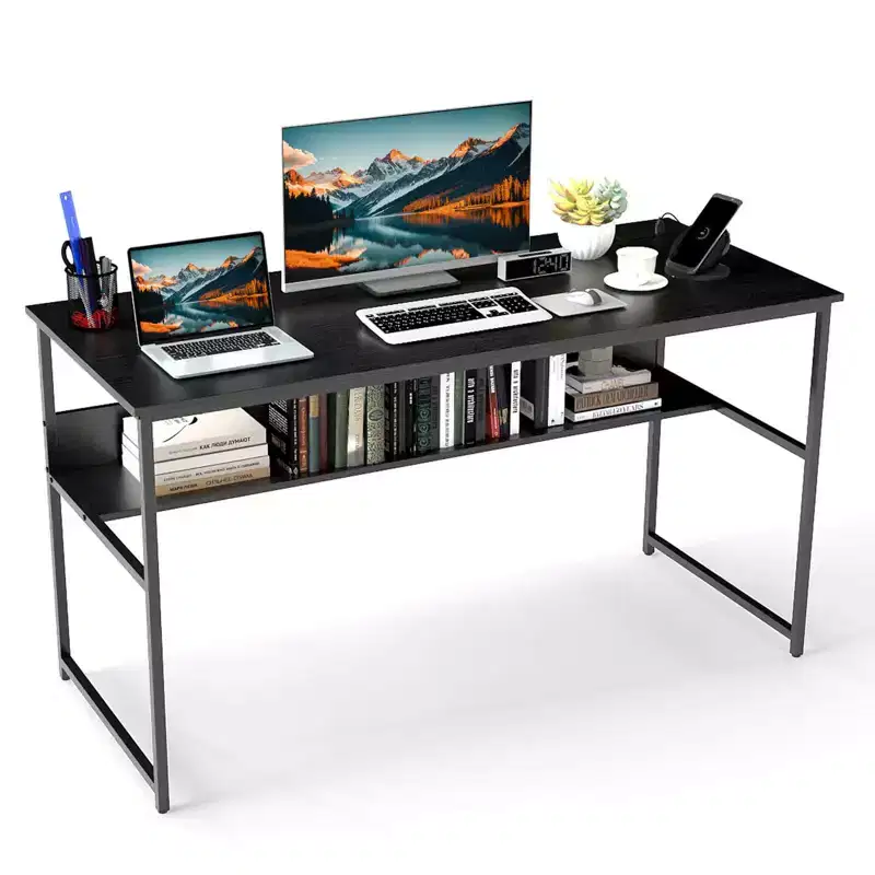 Costway 55 x 24 Computer Desk with Power Outlets & USB Ports, Storage Shelf, Metal Frame Black/Brown