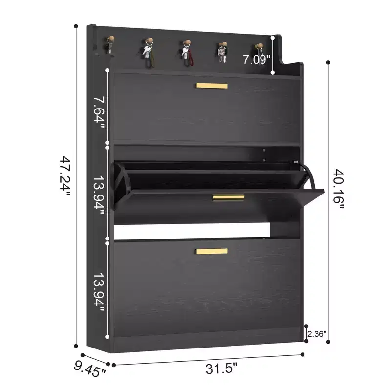 VECELO Shoe Cabinet with 2 Flip Drawers, Freestanding Narrow Hidden Storage Organizer with Hooks for Entryway or Hallway, Black/White