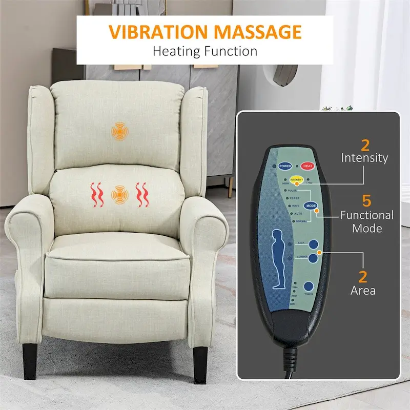 Massage Linen Recliner Chair with Heat,Footrest and Side Pocket
