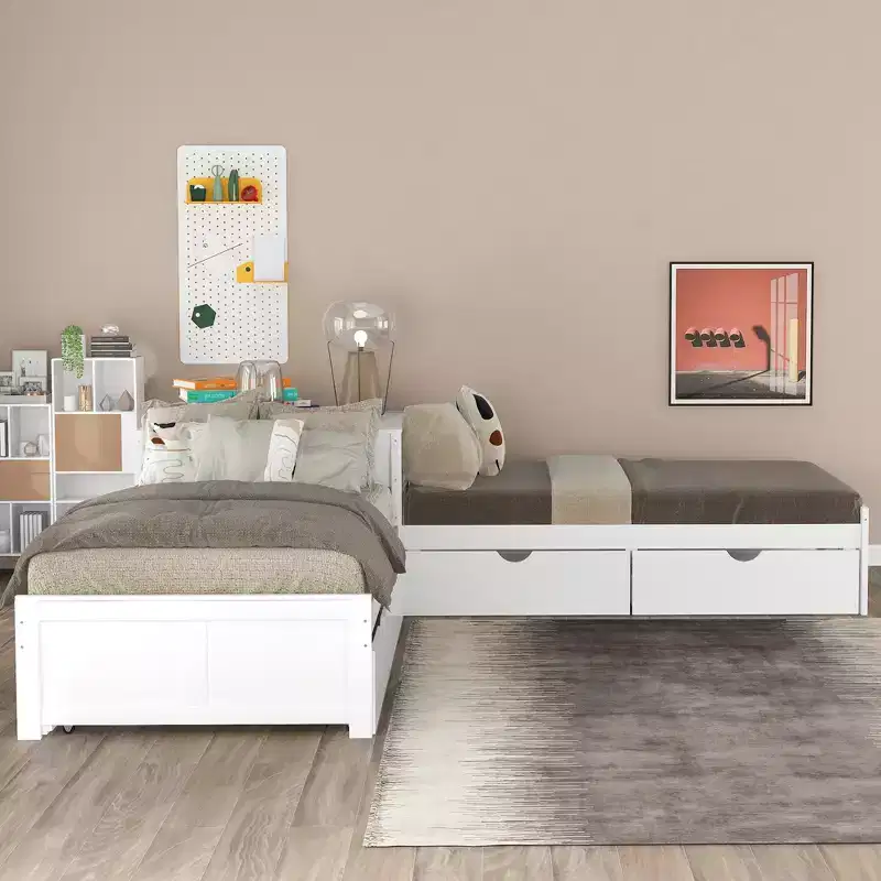 L-shaped Platform Bed with Trundle and Drawers Linked with Built-in Desk, Twin, White