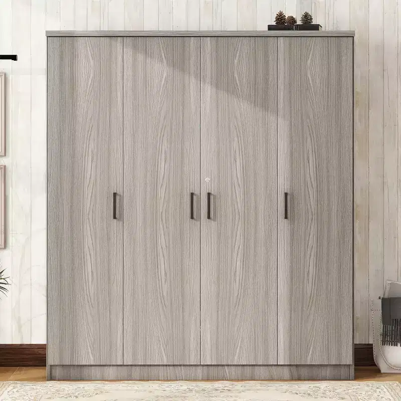 Wood 4-Door Wardrobe Armoire with Hanging Rod, 1-Drawer and Storage Shelves