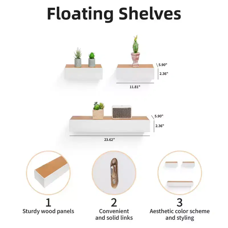 23.6 Maple+White Floating Shelf C invisible-bracket wood wall mount, perfect bathroom/bedroom/kitchen dcor or book/plant display, easy install.