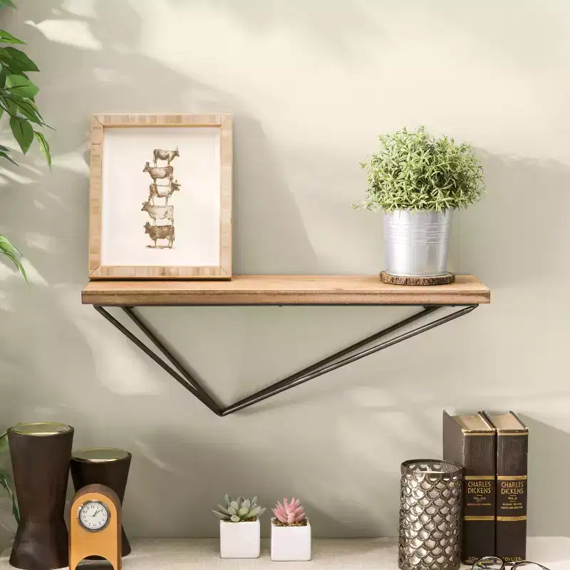 Wall Mount Floating Shelf with Diamond Shaped Iron Bracket, Brown, Modern Pine Wood