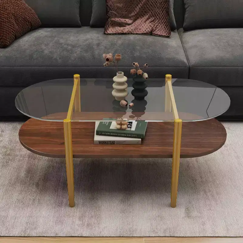 Oval Shaped Glass Coffee Table with Double Layer, Tempered Glass Top and MDF Shelf for Living Room
