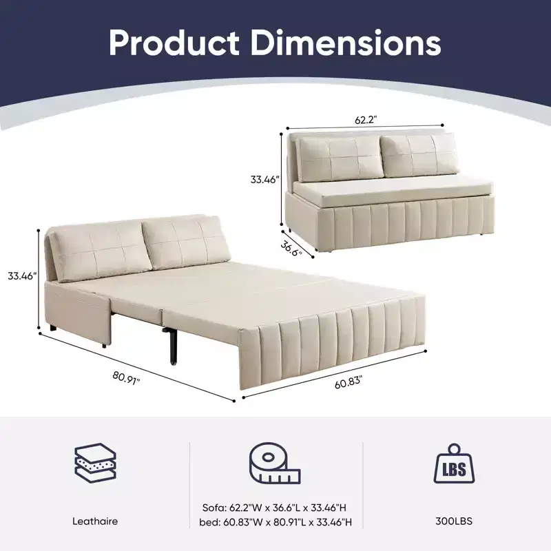 Mjkone W62inch Pull Out Sofa Bed, 3-in-1 Modern Pull Out Leathaire Fabric Sleeper Sofa Couch,Chaise Lounge