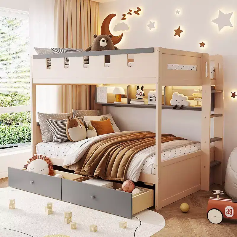 GDFStudio Rivera Castle Style Bunk Bed with 2 Drawers, Shelf and LED