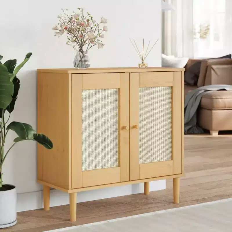 Sideboard Buffet Storage Cabinet with Rattan Look, Solid Wood Pine
