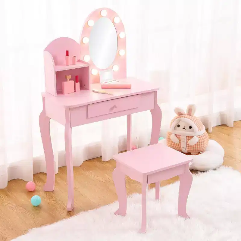 Kids Vanity Set with Stool - Wooden Princess Makeup Table with Mirror, Play Cosmetics & Storage