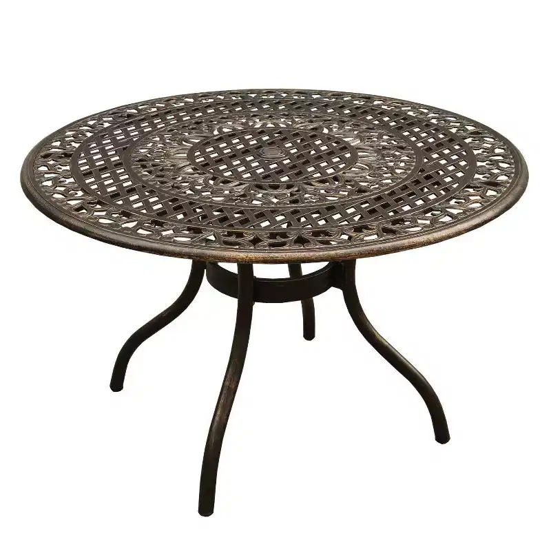 5pc Outdoor Dining Set with Ornate Traditional Mesh Lattice Aluminum 48" Round Dining Table & 4 Chairs - Bronze - Oakland Living