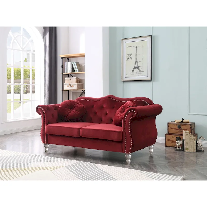 Hollywood 68 in. Velvet Chesterfield Loveseat with 2-Throw Pillow - 68L x 35W x 34H