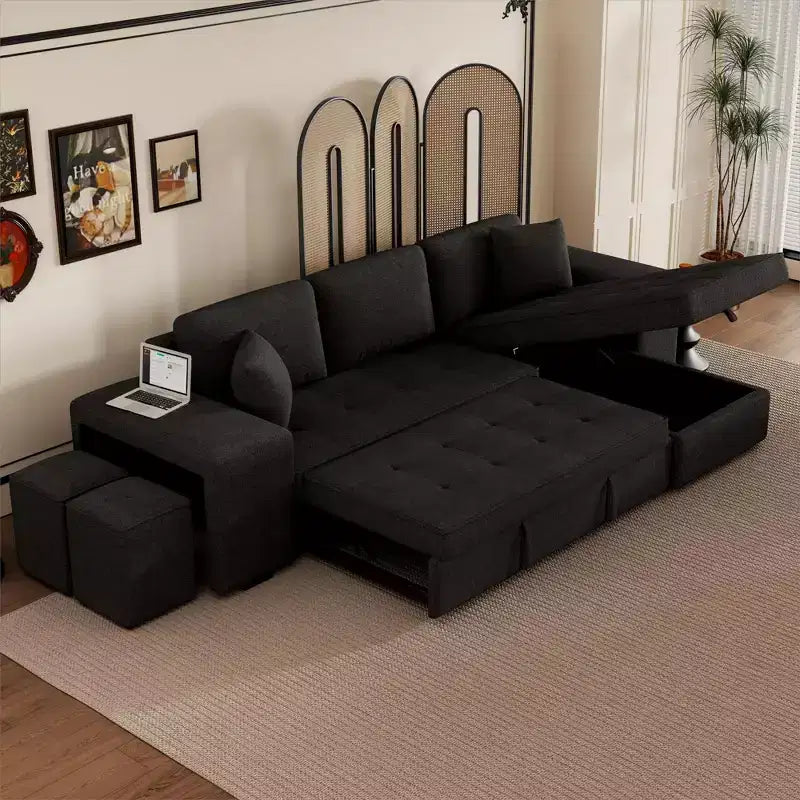 104.5 Modern L-Shape 3 Seat Reversible Sectional Couch Pull Out Sleeper Sofa with Storage Chaise and 2 Stools for Living Room Furniture Set