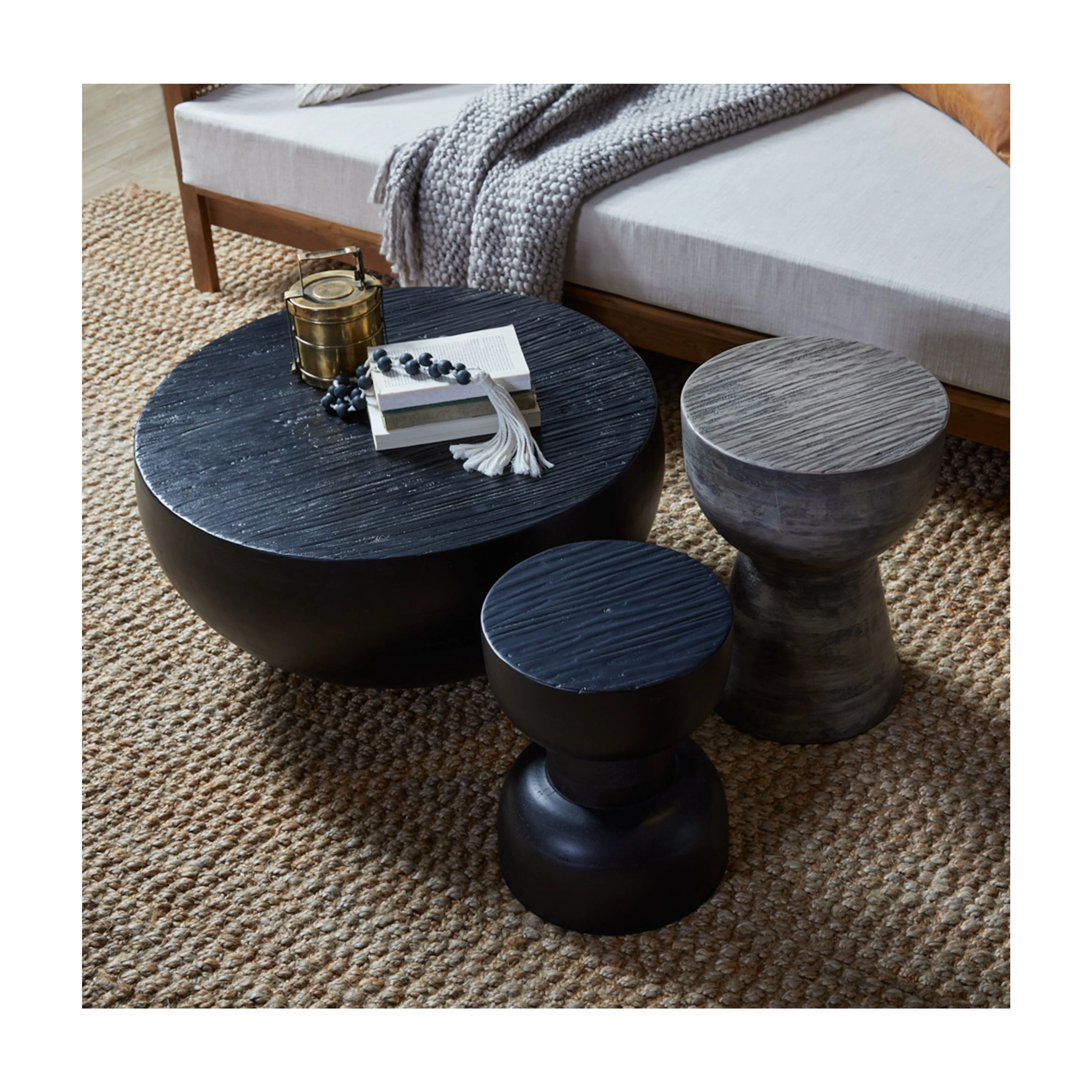 Contemporary Solid Hardwood Coffee Table with Hand-Hewn Textured Round Top for Living Room
