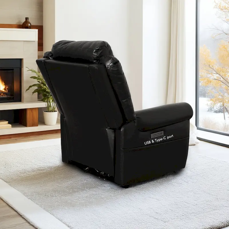 Genuine Leather Black Power Recliner Sofa, Loveseat, Recliner With Adjustable Headrest and Extendable Footrest