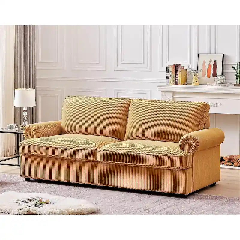 76-Inch Corduroy Sofa Bed with Round Arms and Pull-Out Queen Mattress