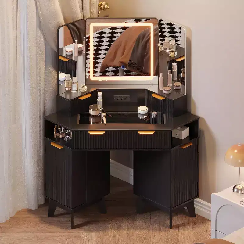 48 Inch Fluted Makeup Vanity Desk with Mirror and Lights, Charging Outlet & 3-Panel Lighted Mirror