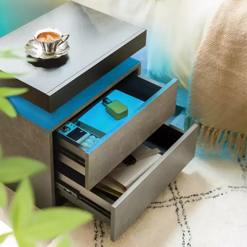 Nightstand Bedside Table Cabinet Modern End Side with 2 Drawers for Bedroom (Black+Gray)