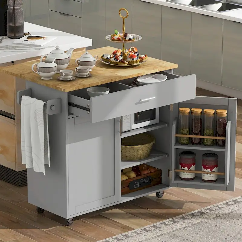 Kitchen Island with Rubber Wood Top, Spacious Drawer, Internal Storage Rack, Wheels