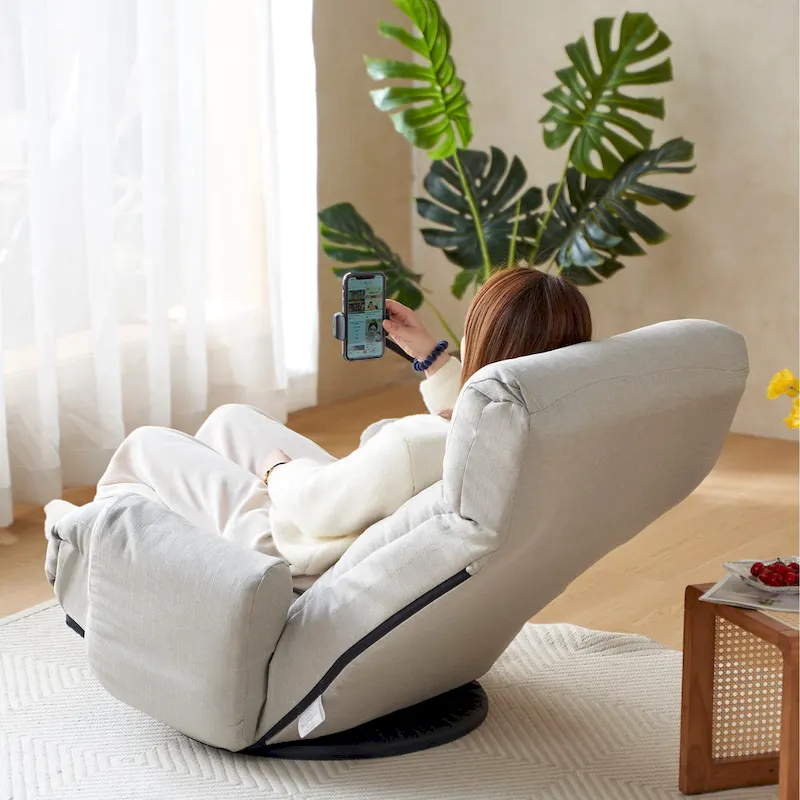 Gray Swivel Recliner with Phone Holder, Adjustable Headrest
