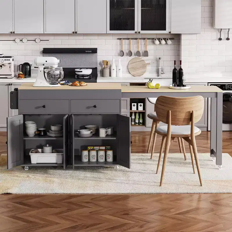 Bestier 75 Kitchen Island with Extendable Dining Table, Rolling Kitchen Island on Wheels with Spice Rack and 2 Drawers, 4 Door Cabinet